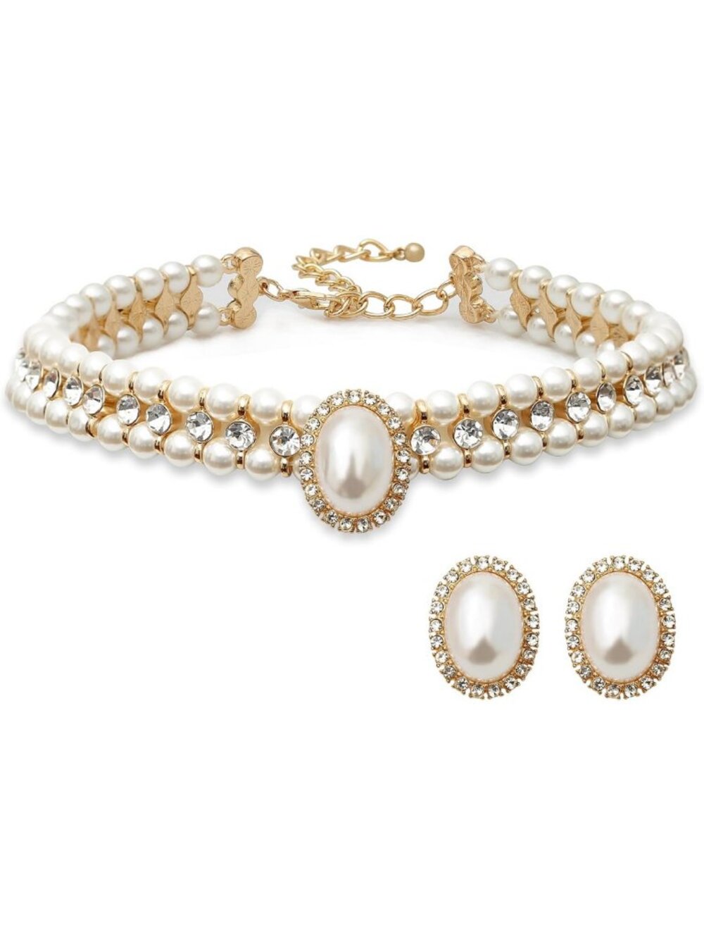 Layered Twisted Gold Pearl Choker Necklace & Earring Set - Chunky Statement